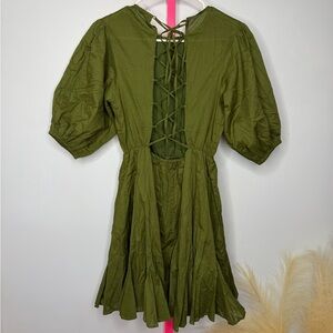 RHODE Olive Green Puff Sleeve Lace Up Back Mini Dress Size S